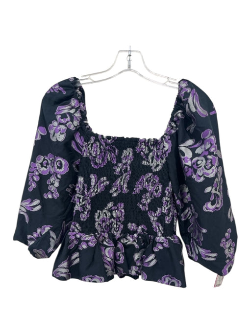 Tanya Taylor Size S Black, Purple, Gray cotton silk blend Smocked Floral Top Black, Purple, Gray / S
