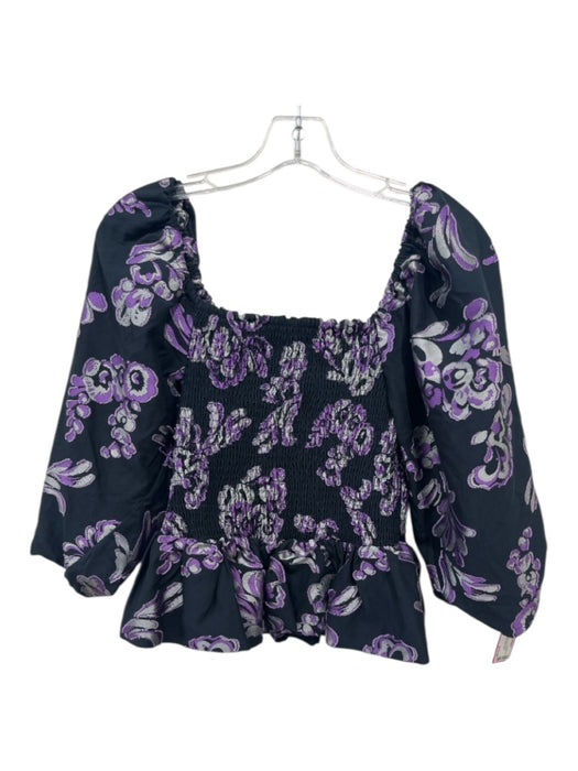Tanya Taylor Size S Black, Purple, Gray cotton silk blend Smocked Floral Top Black, Purple, Gray / S