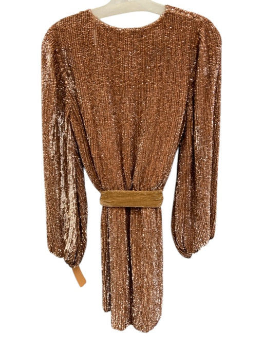 Retrofete Size XS Bronze Viscose Sequined Mini Tie Belt V Neck Dress Bronze / XS