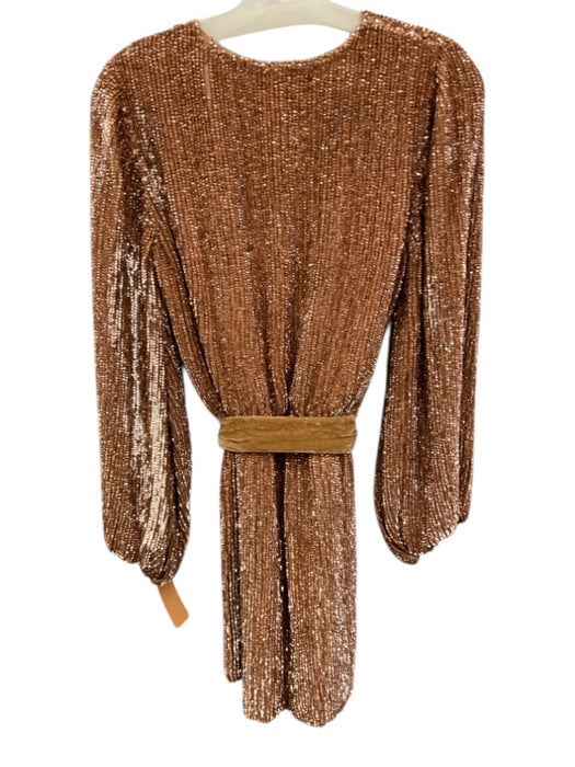 Retrofete Size XS Bronze Viscose Sequined Mini Tie Belt V Neck Dress Bronze / XS
