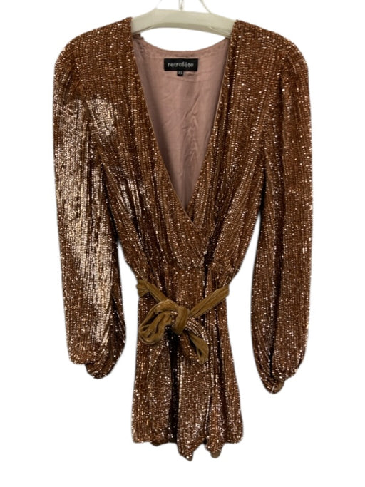 Retrofete Size XS Bronze Viscose Sequined Mini Tie Belt V Neck Dress Bronze / XS