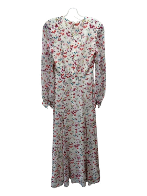 Saloni Size 2 White & Multi 100% Silk floral pattern Long Sleeve V Neck Dress White & Multi / 2