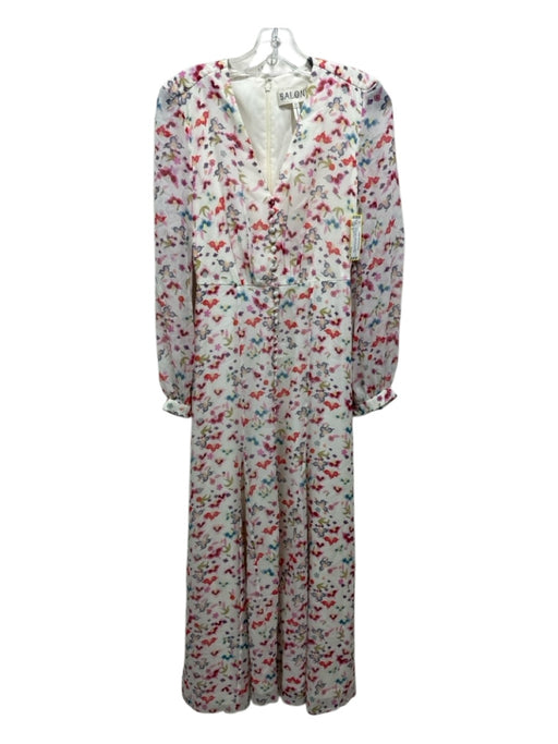 Saloni Size 2 White & Multi 100% Silk floral pattern Long Sleeve V Neck Dress White & Multi / 2