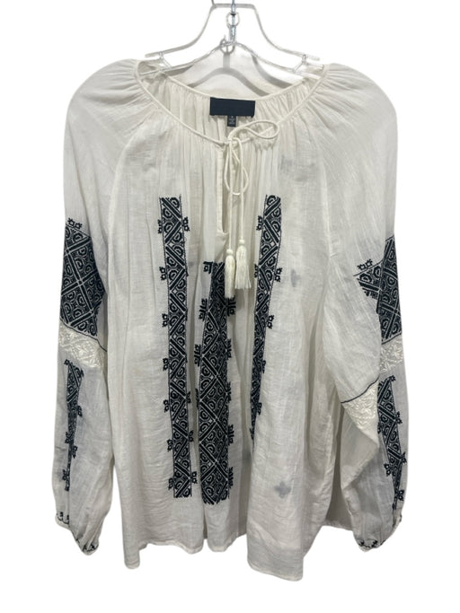 Nili Lotan Size S White & Black Cotton V Neck Tie Neck Embroidered Top White & Black / S