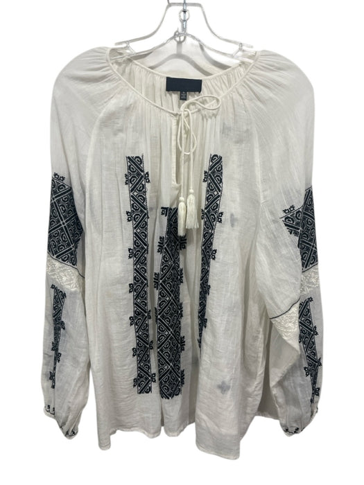 Nili Lotan Size S White & Black Cotton V Neck Tie Neck Embroidered Top White & Black / S