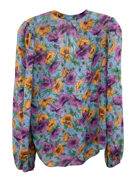 Veronica Beard Size 4 Blue & Multi Silk V Neck Floral Semi Sheer Top Blue & Multi / 4