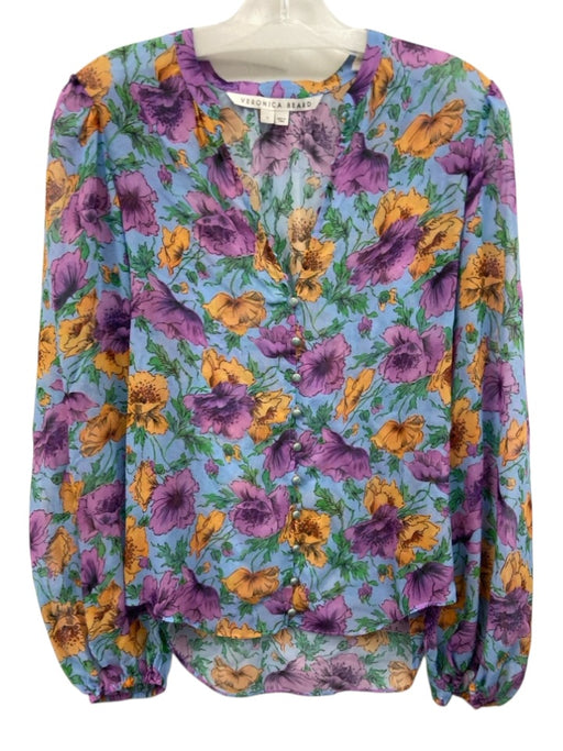Veronica Beard Size 4 Blue & Multi Silk V Neck Floral Semi Sheer Top Blue & Multi / 4
