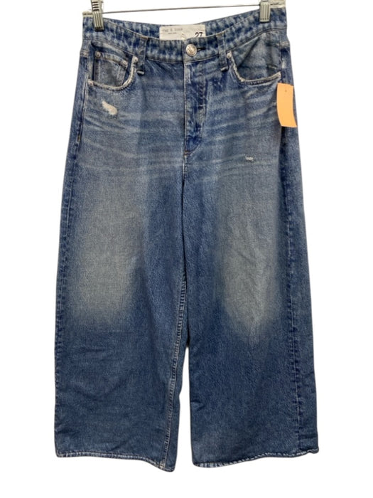 Rag & Bone Size 27 Blue Cotton Zip & Button Whiskering Wide Leg Faded Jeans Blue / 27