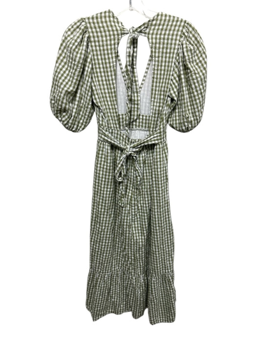 Faithful The Brand Size 2 Green & White Cotton Gingham V Neck Midi Dress Green & White / 2