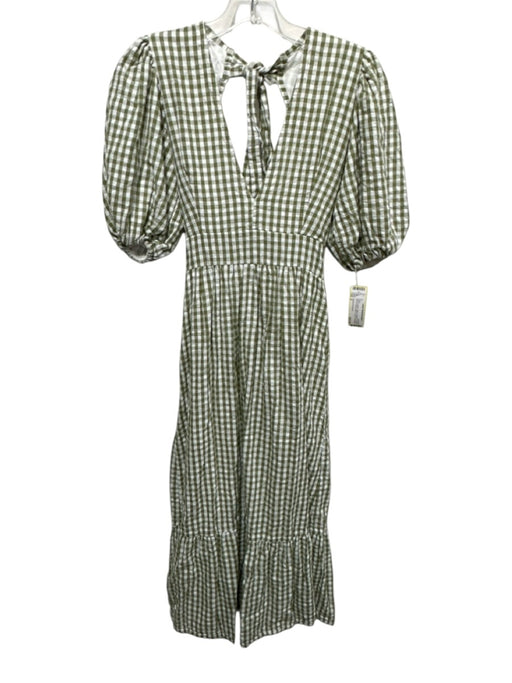 Faithful The Brand Size 2 Green & White Cotton Gingham V Neck Midi Dress Green & White / 2