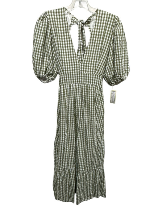 Faithful The Brand Size 2 Green & White Cotton Gingham V Neck Midi Dress Green & White / 2