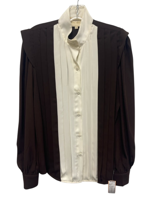 Tuckernuck Size S Brown & White Polyester Long Sleeve Pleats Button Up Top Brown & White / S