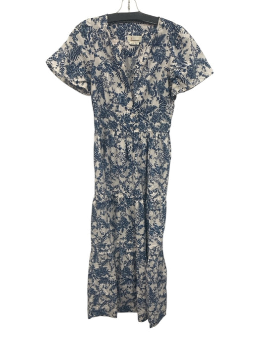 By Anthropologie Size S Blue & White Cotton Short Sleeve Floral Print Midi Dress Blue & White / S