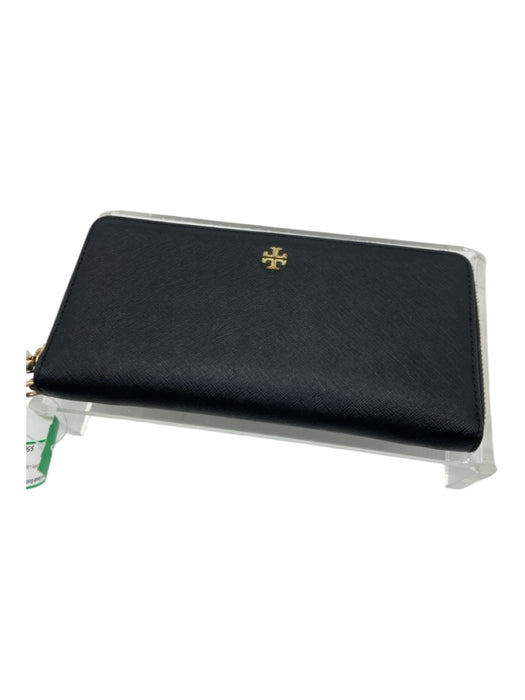 Tory Burch Black Leather GHW Logo Zip closure Wallets Black