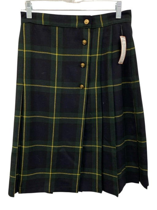 Nygard Size 8 Navy Blue, Green, Yellow Worsted Wool Gold Buttons Pleated Skirt Navy Blue, Green, Yellow / 8