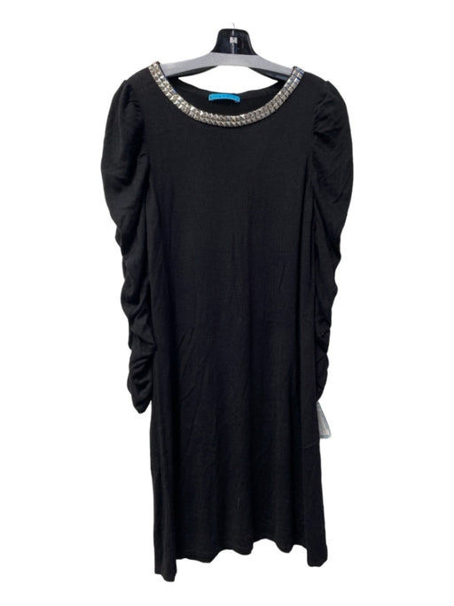 Alice + Olivia Size Est 8 Black Viscose Studded Boat Neck Ruched Sleeve Dress Black / Est 8