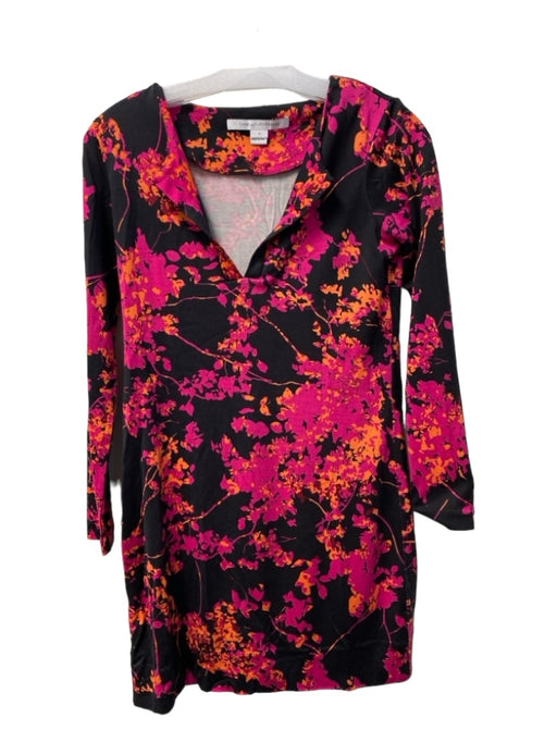 Diane Von Furstenberg Size 2 Black, Pink & Orange Silk V Neck Long Sleeve Dress Black, Pink & Orange / 2