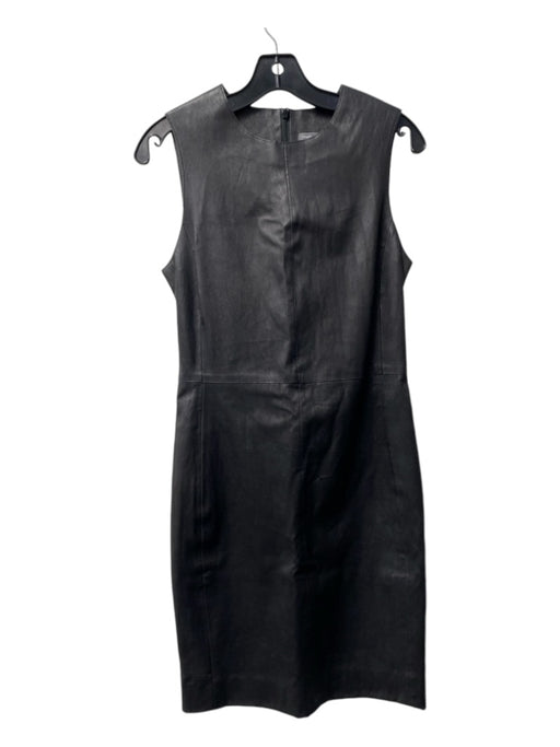 Vince Size 8 Black Leather High Neck Sleeveless Straight Back Zip Dress Black / 8