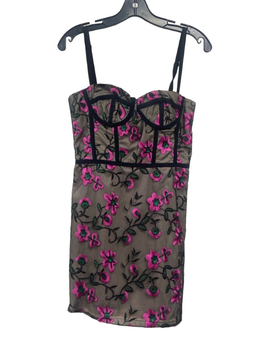 Milly Size 6 Black, Pink & Green Polyester Mesh Floral Bustier Top Dress Black, Pink & Green / 6