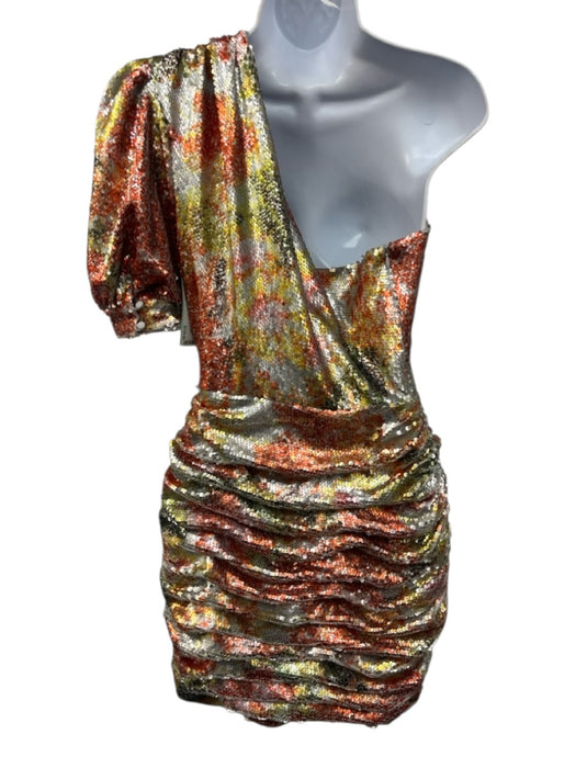 Ronny Kobo Size M silver, orange, yellow Polyester Sequin Abstract Ruched Dress silver, orange, yellow / M