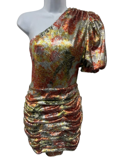 Ronny Kobo Size M silver, orange, yellow Polyester Sequin Abstract Ruched Dress silver, orange, yellow / M