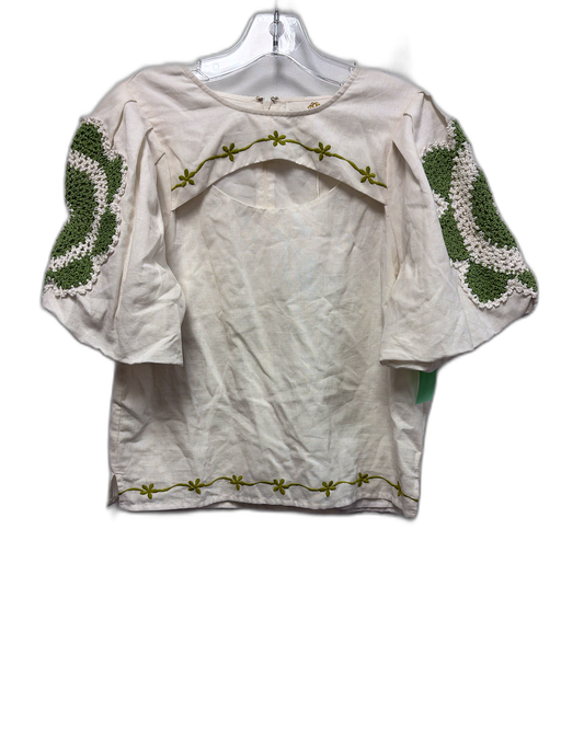 Anna Cate Size S Cream Green & Blue Cotton & Linen Embroidered Cut Out Top Cream Green & Blue / S