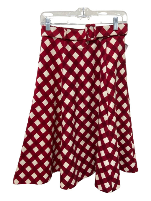 Samantha Sung Size 4 Red & White Wool & Silk Gingham A-line Belted Midi Skirt Red & White / 4