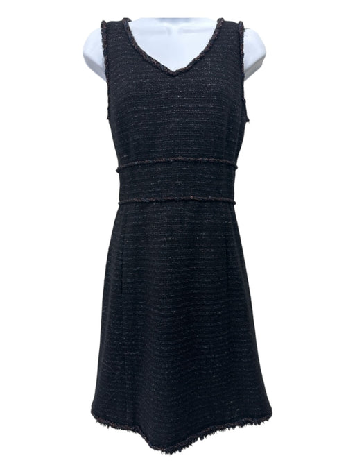 Chanel Size 38 Black, Pink, Blue Wool & Silk Metallic Thread Trim V Neck Dress Black, Pink, Blue / 38