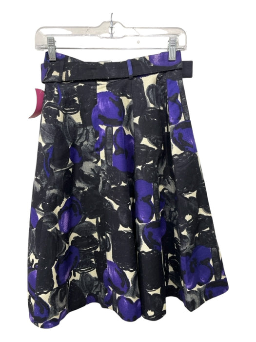 Samantha Sung Size 4 Black, Purple, Cream Wool & Silk Abstract Midi A-Line Skirt Black, Purple, Cream / 4