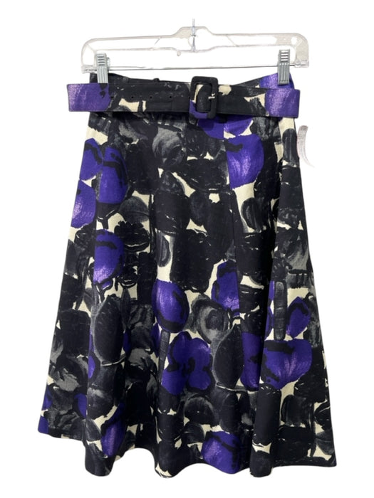 Samantha Sung Size 4 Black, Purple, Cream Wool & Silk Abstract Midi A-Line Skirt Black, Purple, Cream / 4