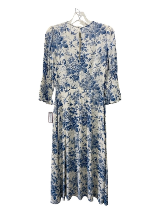 Reformation Size 4 White & Blue Viscose 3/4 Sleeve Floral Midi Back Zip Dress White & Blue / 4