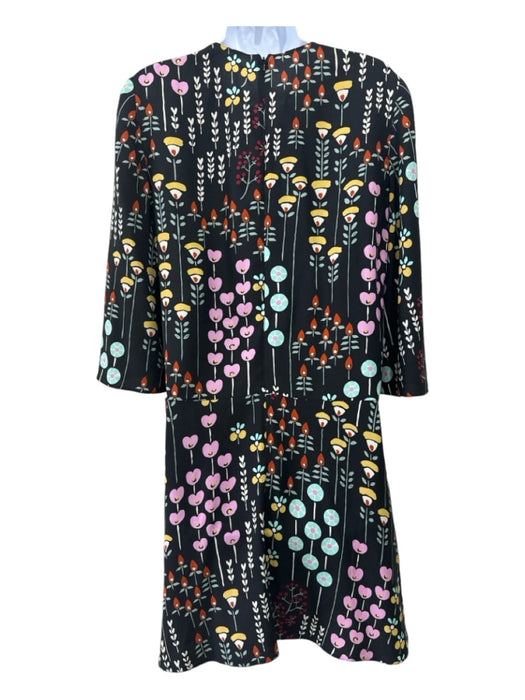 Valentino Size 2 Black & Multi Viscose Round Neck Floral 3/4 Bell Sleeve Dress Black & Multi / 2