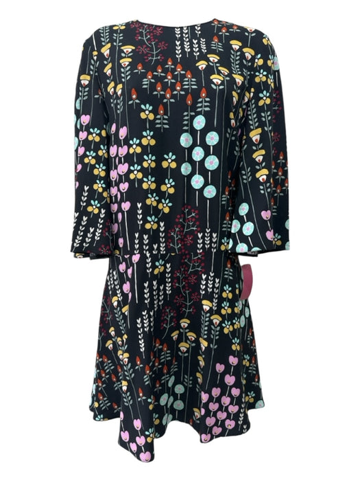 Valentino Size 2 Black & Multi Viscose Round Neck Floral 3/4 Bell Sleeve Dress Black & Multi / 2