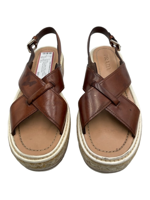 Prada Shoe Size 37.5 Brown, Beige, White Leather & Raffia Espadrille Sandals Brown, Beige, White / 37.5