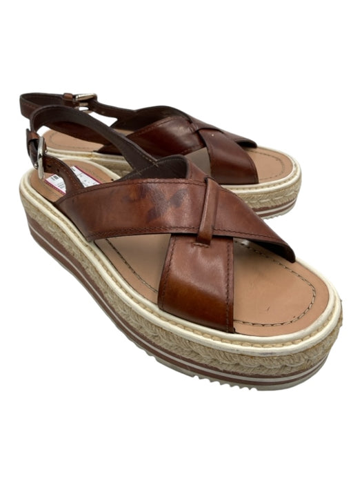 Prada Shoe Size 37.5 Brown, Beige, White Leather & Raffia Espadrille Sandals Brown, Beige, White / 37.5