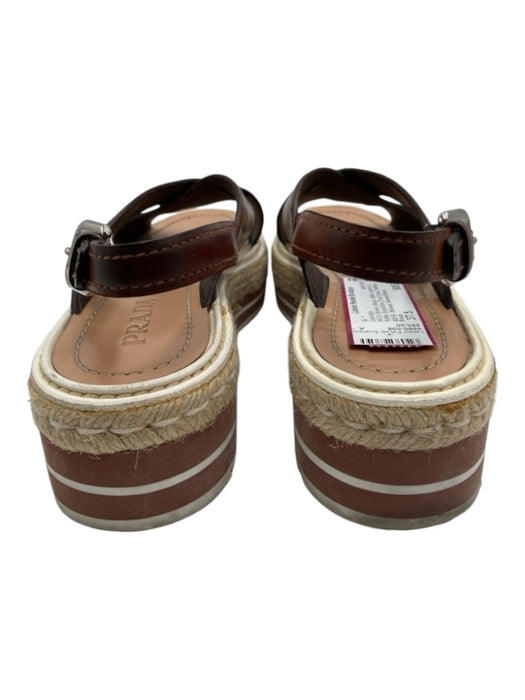 Prada Shoe Size 37.5 Brown, Beige, White Leather & Raffia Espadrille Sandals Brown, Beige, White / 37.5