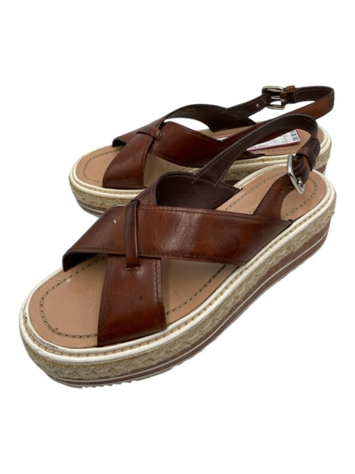 Prada Shoe Size 37.5 Brown, Beige, White Leather & Raffia Espadrille Sandals Brown, Beige, White / 37.5