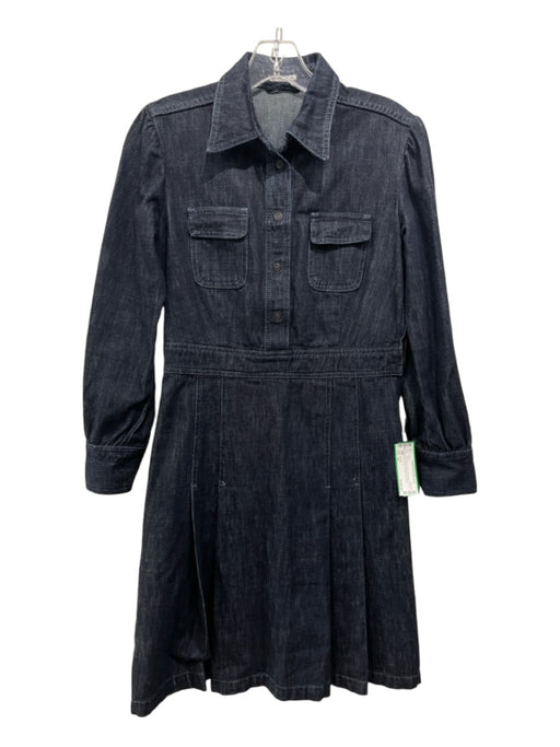 Miu Miu Size 42 Dark Wash Cotton Long Sleeve Denim Knee Length Pleated Dress Dark Wash / 42