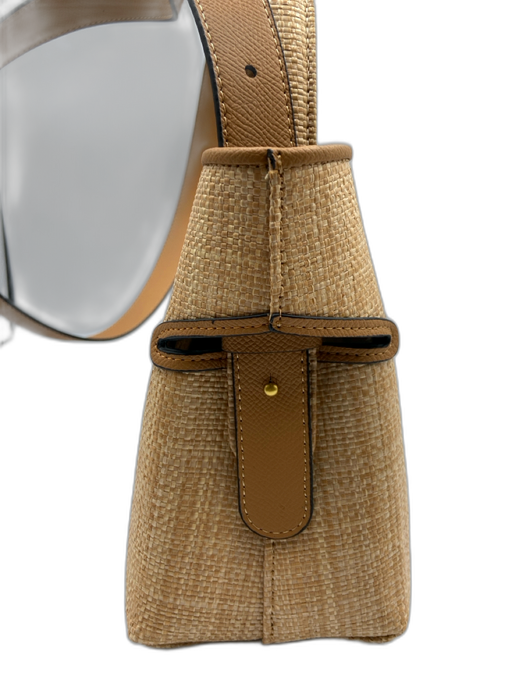 Beige Raffia & Leather Woven Removable Strap Bucket Top Handle Bag Beige