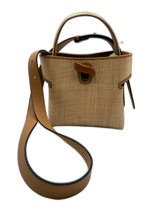 Beige Raffia & Leather Woven Removable Strap Bucket Top Handle Bag Beige