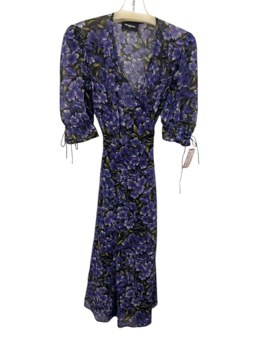 The Kooples Size Est XS/S Black, Purple, Green Silk Long Sleeve Wrap Midi Dress Black, Purple, Green / Est XS/S