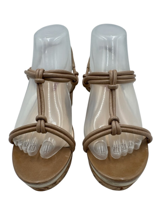 Prada Shoe Size 37 Beige Leather & Cork Wedge Ankle Strap Strappy Sandals Beige / 37