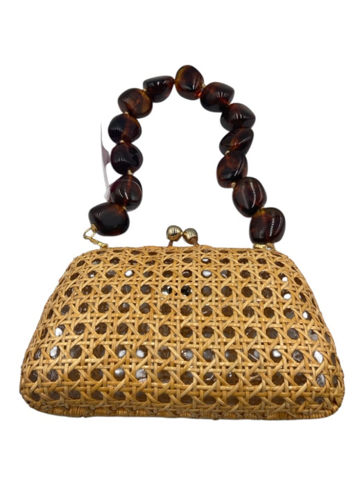 SERPUI Beige & Brown Straw Shoulder Strap Clasp Closure Beaded Handle Lined Bag Beige & Brown / S