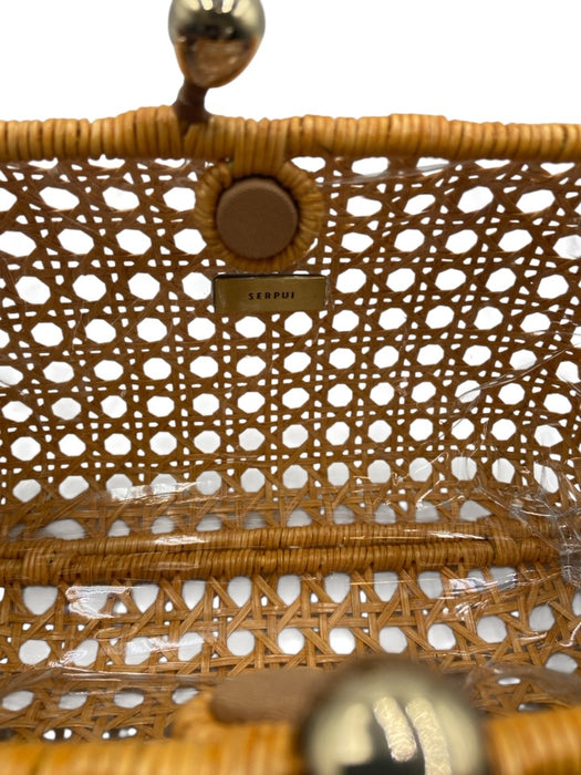 SERPUI Beige & Brown Straw Shoulder Strap Clasp Closure Beaded Handle Lined Bag Beige & Brown / S