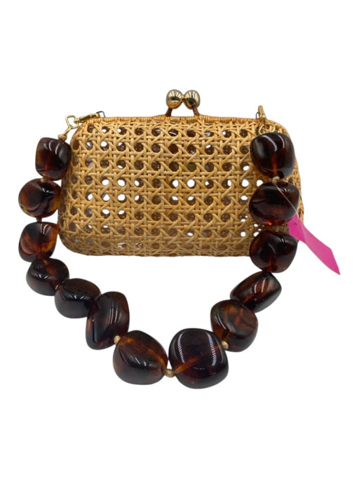 SERPUI Beige & Brown Straw Shoulder Strap Clasp Closure Beaded Handle Lined Bag Beige & Brown / S