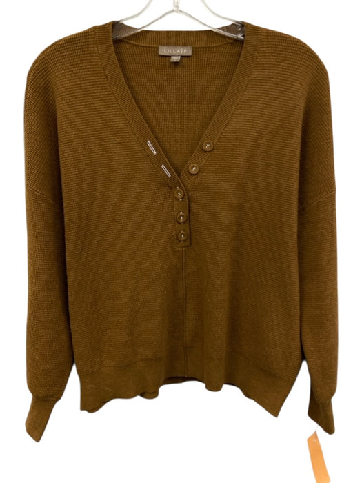 Lilla P Size S Brown Cotton & Modal V Neck Half Button Sweater Brown / S