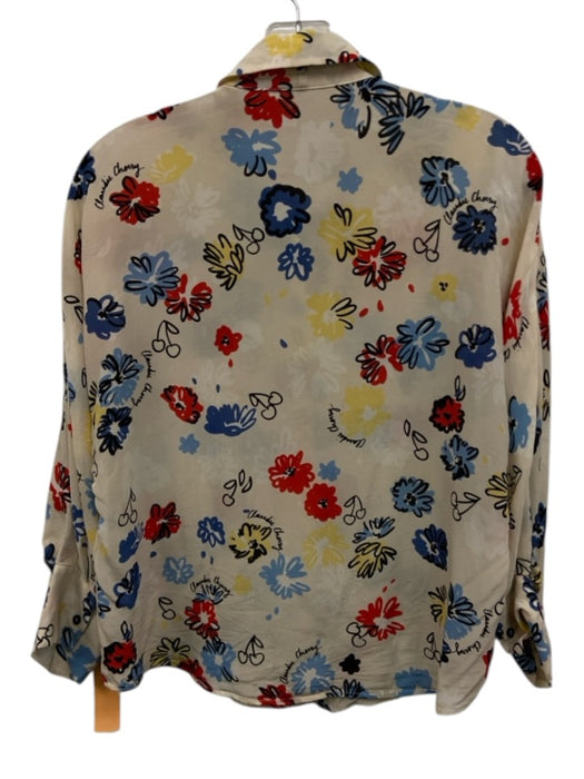 Claudie Pierlot Size 38 / S Cream, Blue, & Multi Silk Semi Sheer Flowers Top Cream, Blue, & Multi / 38 / S
