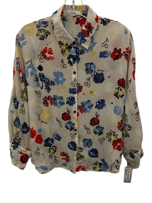 Claudie Pierlot Size 38 / S Cream, Blue, & Multi Silk Semi Sheer Flowers Top Cream, Blue, & Multi / 38 / S