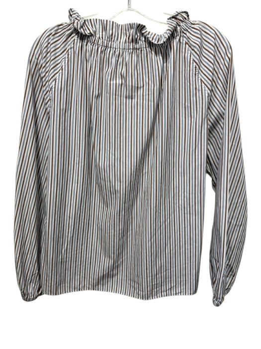 Ann Mashburn Size S White, Blue & Brown Cotton Striped Long Balloon Sleeve Top White, Blue & Brown / S