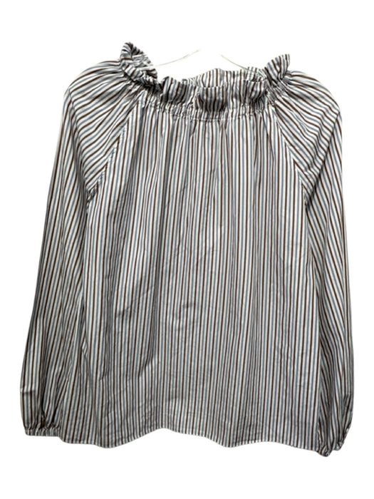 Ann Mashburn Size S White, Blue & Brown Cotton Striped Long Balloon Sleeve Top White, Blue & Brown / S